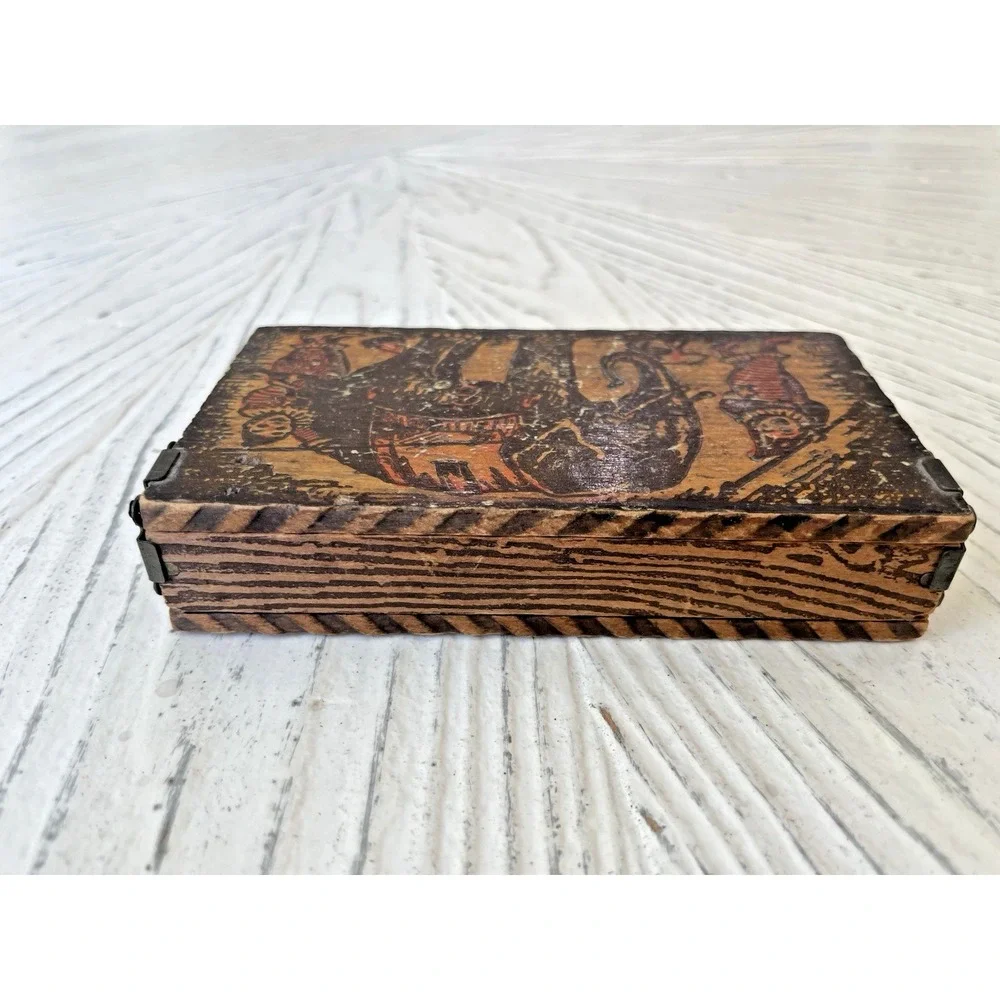 Antique Wood Pyrography Box Circus Clowns Elephant Unique Hinges 2.5 x 5